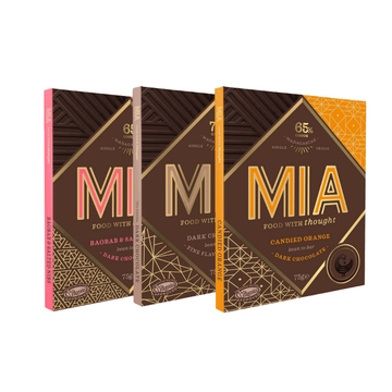 Mia: Madagascan Chocolate 3-bar Gift Pack Baobab & Salted Nibs 65% , Dark Chocolate 75% and Candied Orange 65%